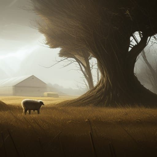 Desolate Farm with Glyphed Sheep in Dark Fantasy Style