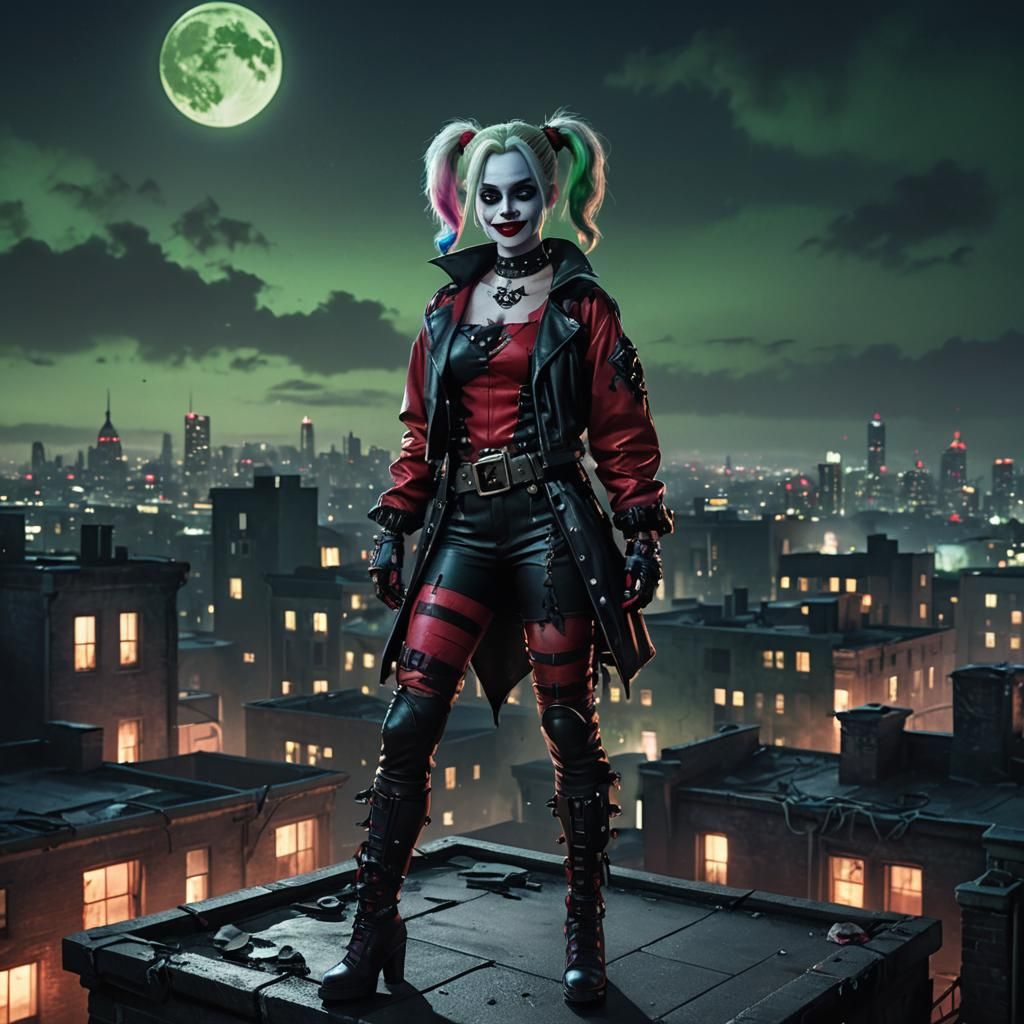 Gothic Harley Quinn on Rooftop at Night