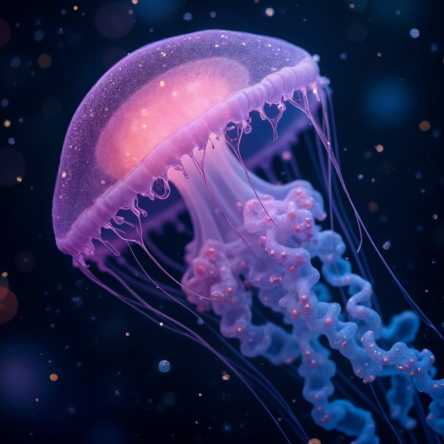 Bioluminescent Jellyfish in Cosmic Ocean, Hyperrealistic Det...