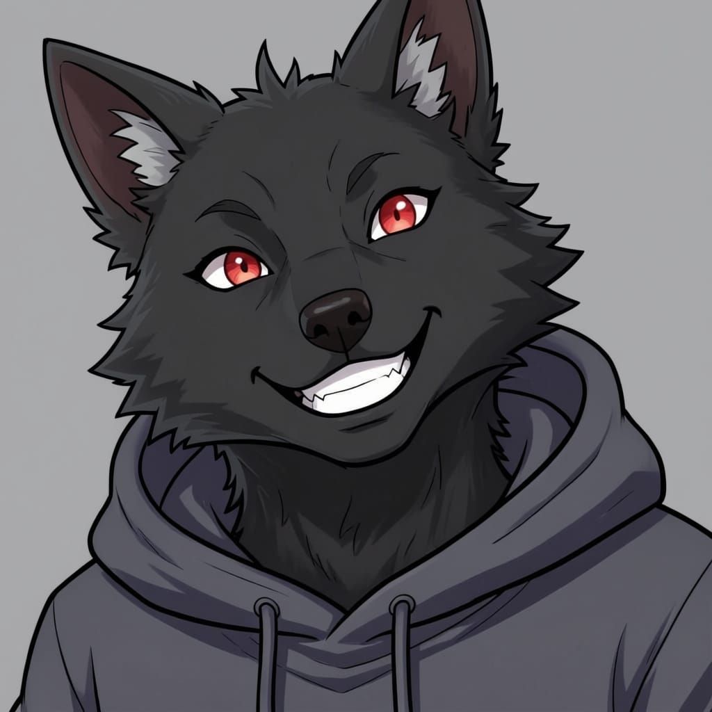 Anthropomorphic Wolf Furry Grinning Upwards in Anime Style