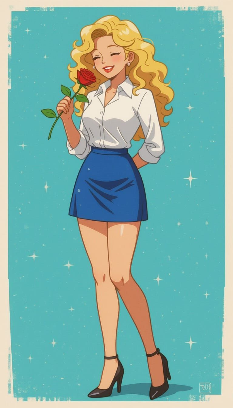 Blonde Woman Smelling Rose in Anime Film Still
