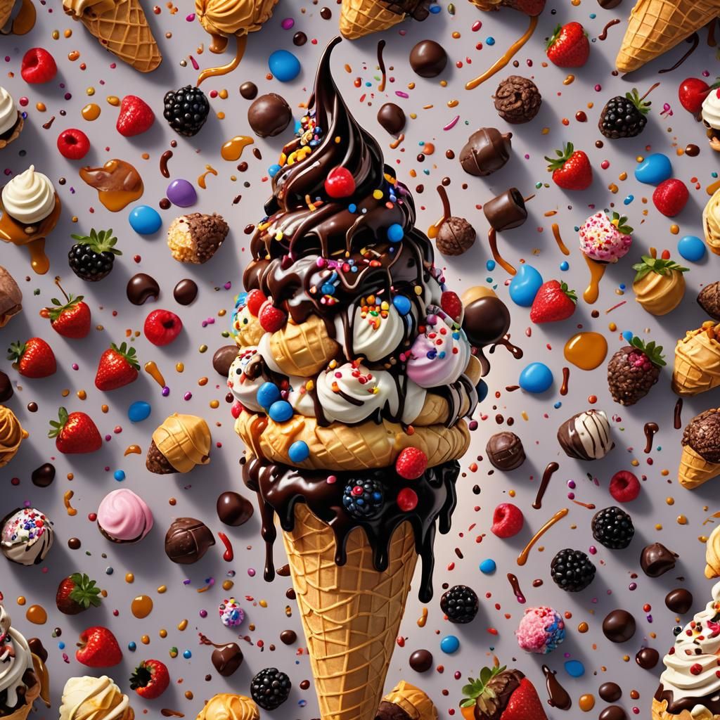 Giant Ice Cream Cone with Berries, Photorealistic 8K
