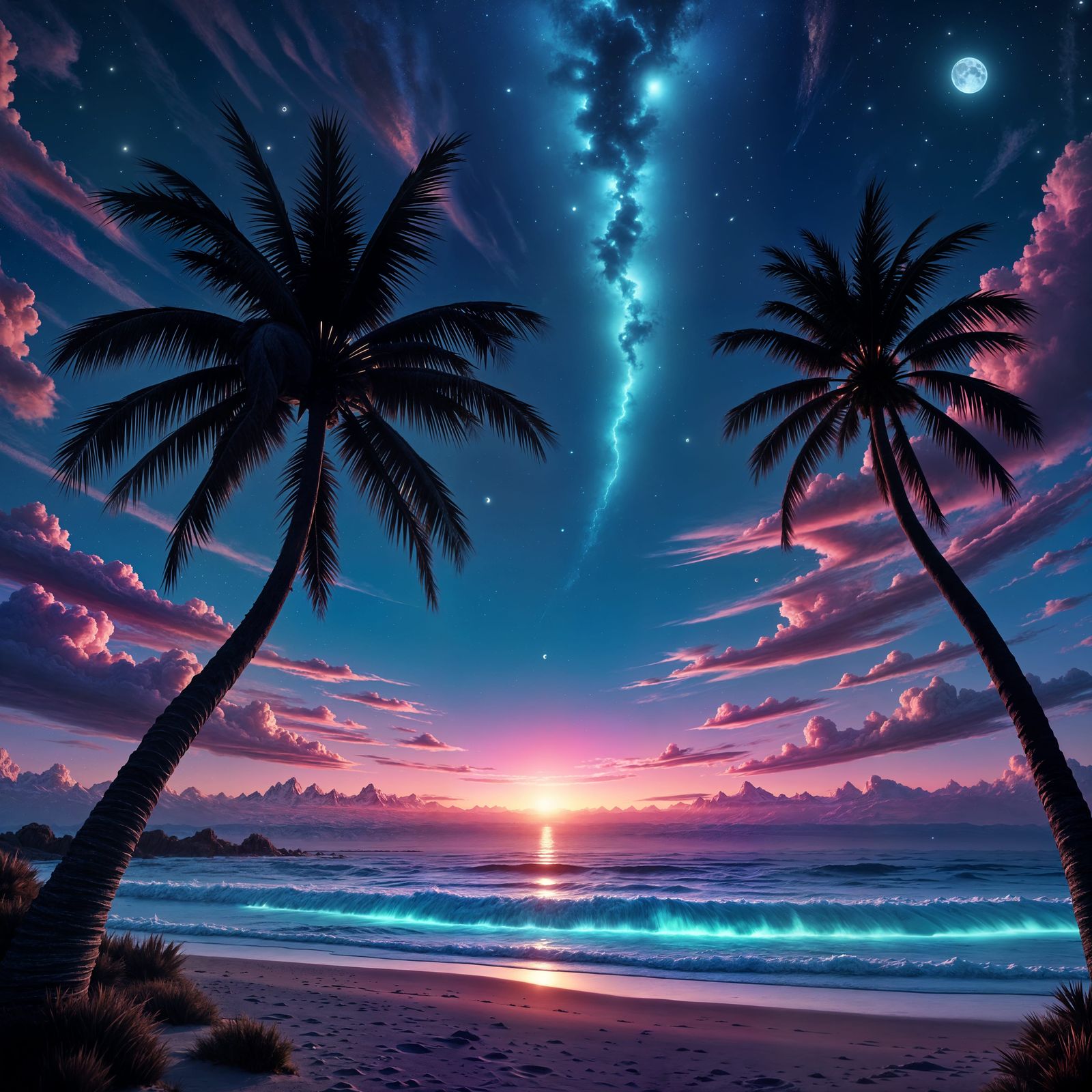 Cosmic Beach with Ripped Sky and Palm Trees