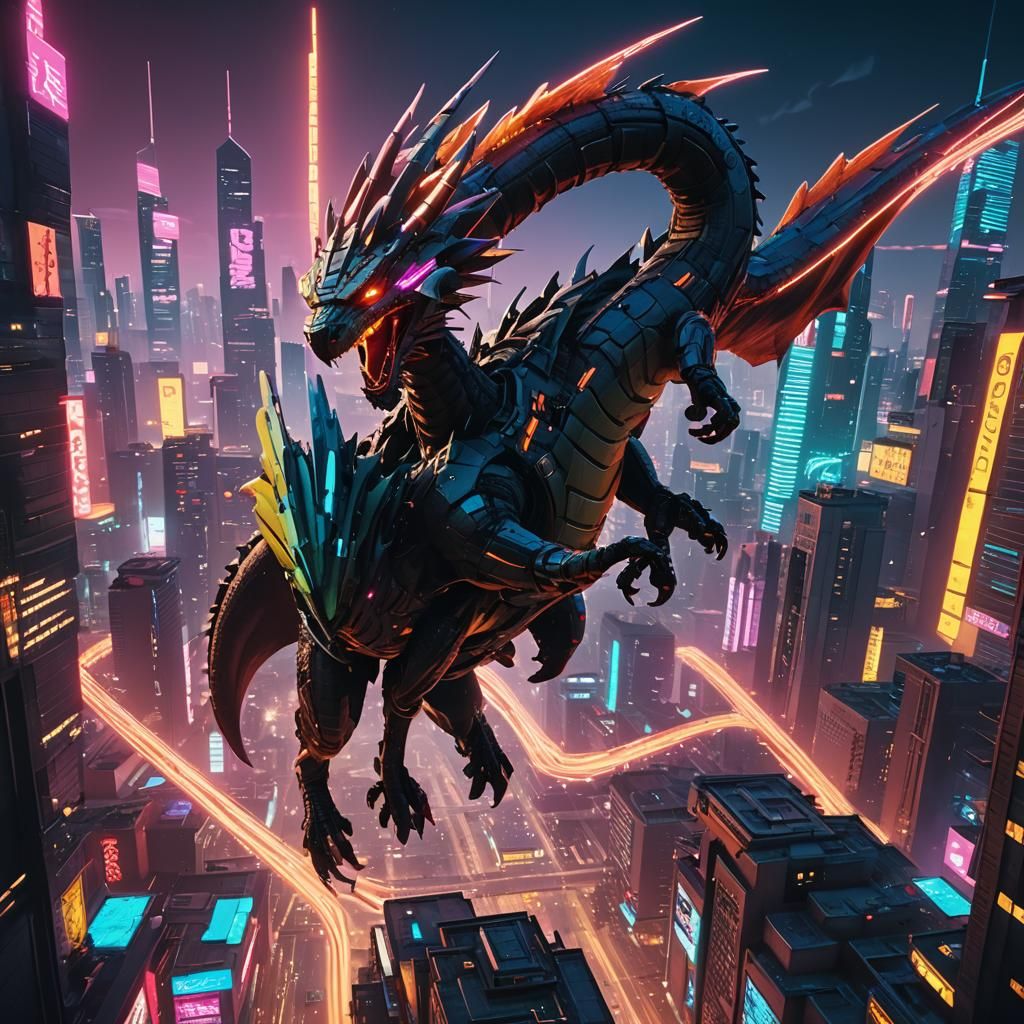 Astronaut Dragon Rider in Cyberpunk City