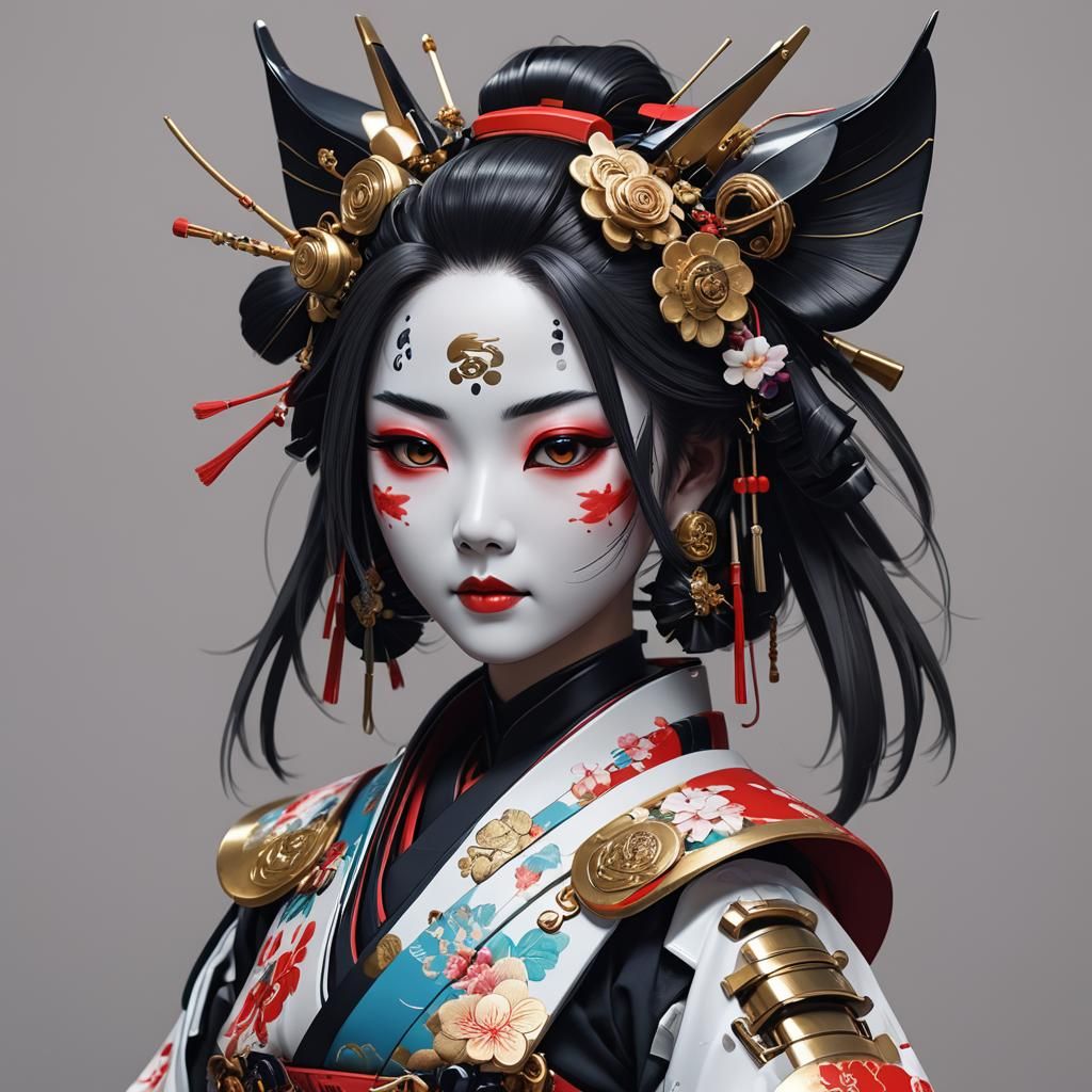 Robotic Geisha with Samurai Sword and Dragon, Anime Art