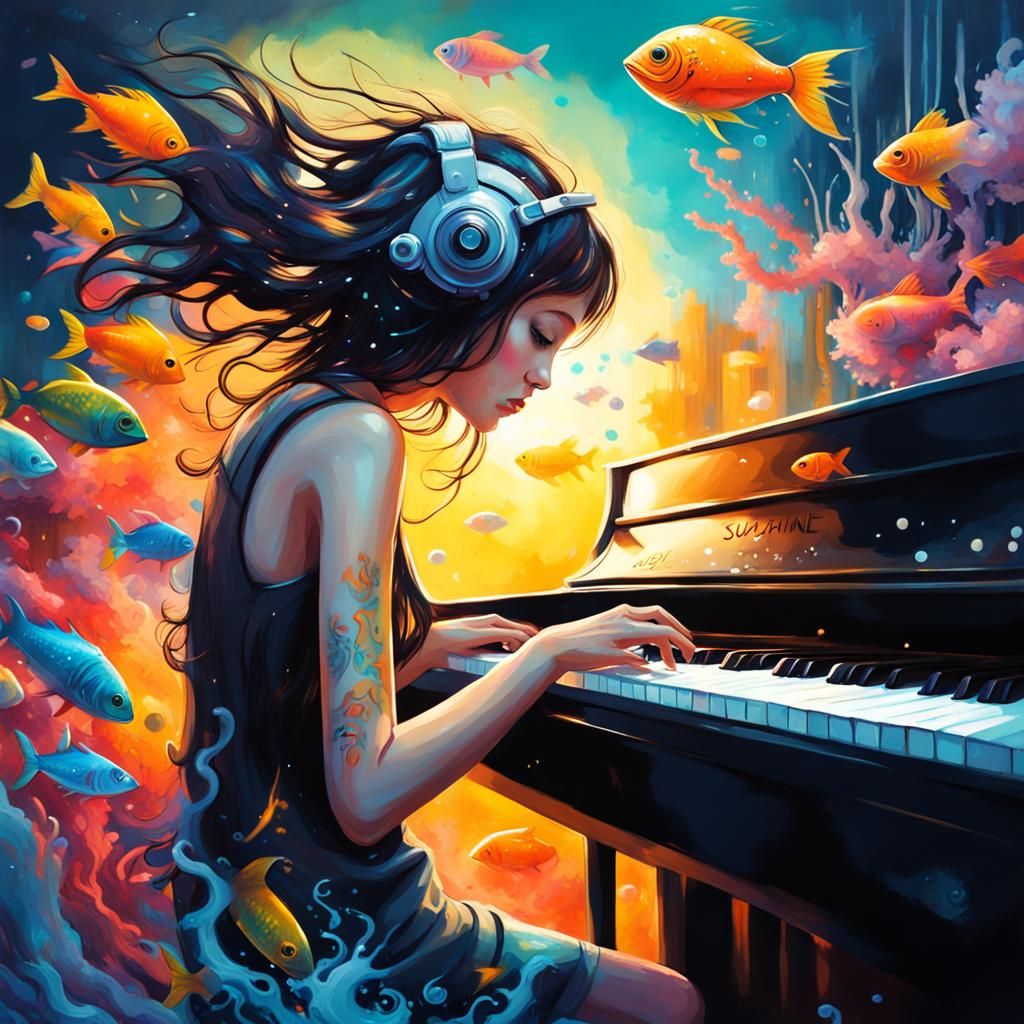 Submarine Girl Playing Piano in Graffiti Art Style