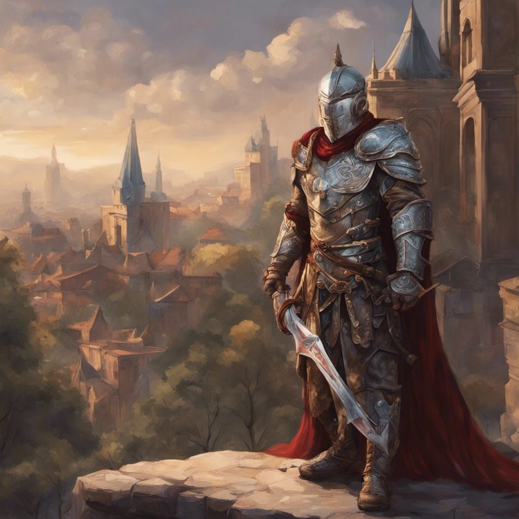 City Guard Overlooking Medieval City, Fantasy Art