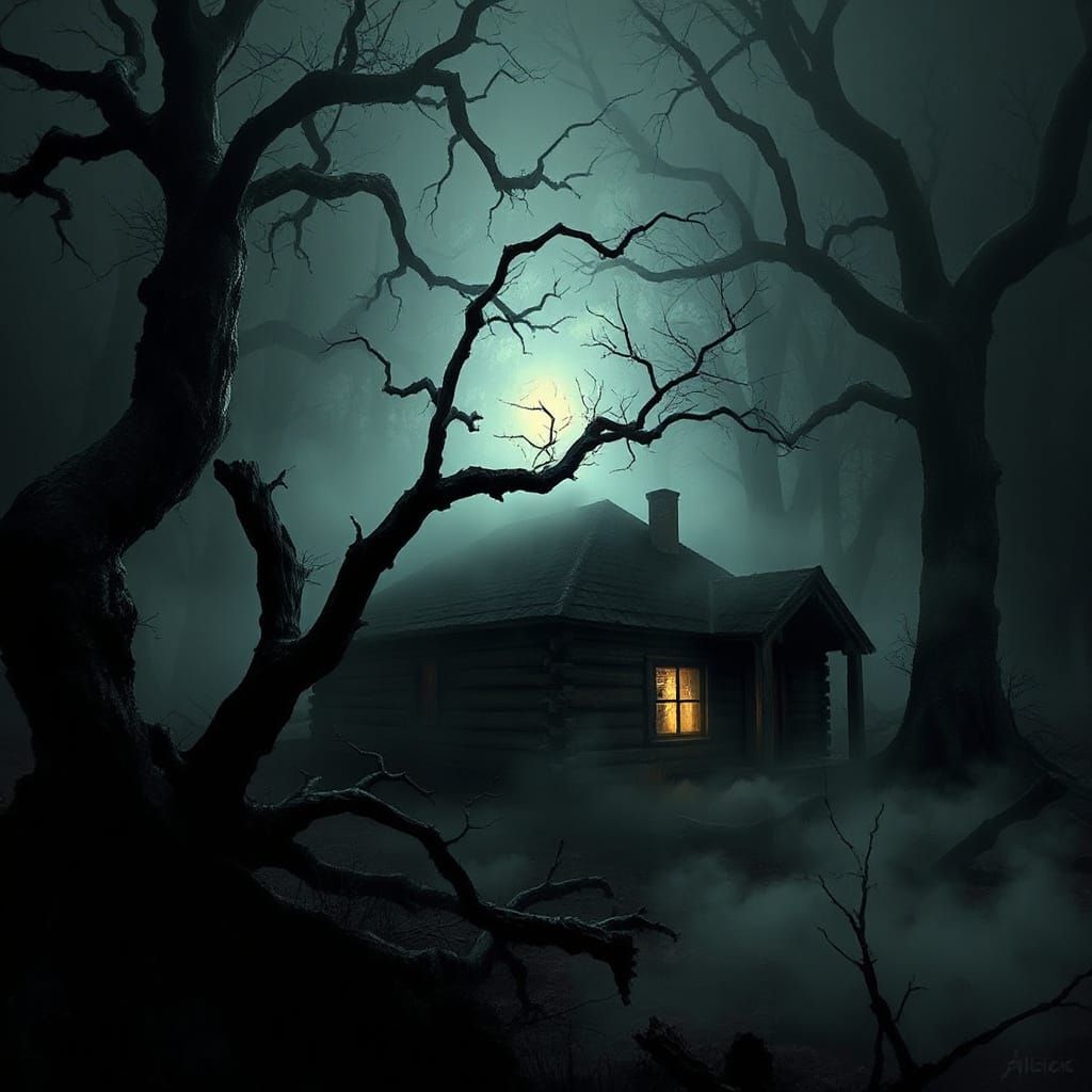 Eerie Cabin in Foggy Woods with Creature-Like Branches