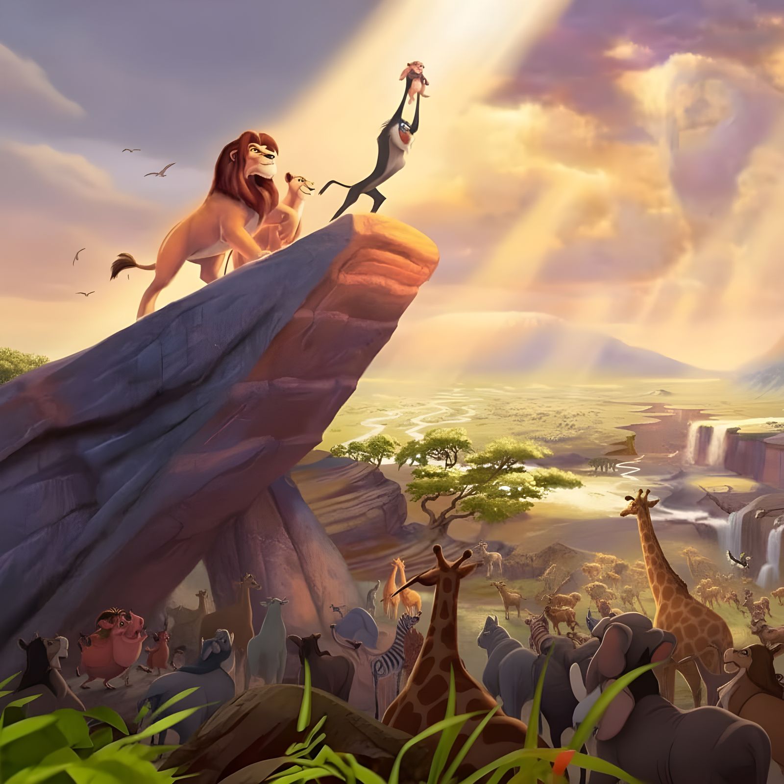 Hyperrealistic Animals at Pride Rock in Epic 3D Style