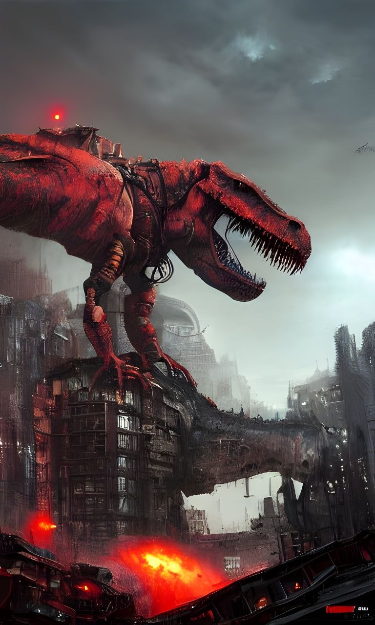 Gigantic Red T-Rex Battle Mech in City