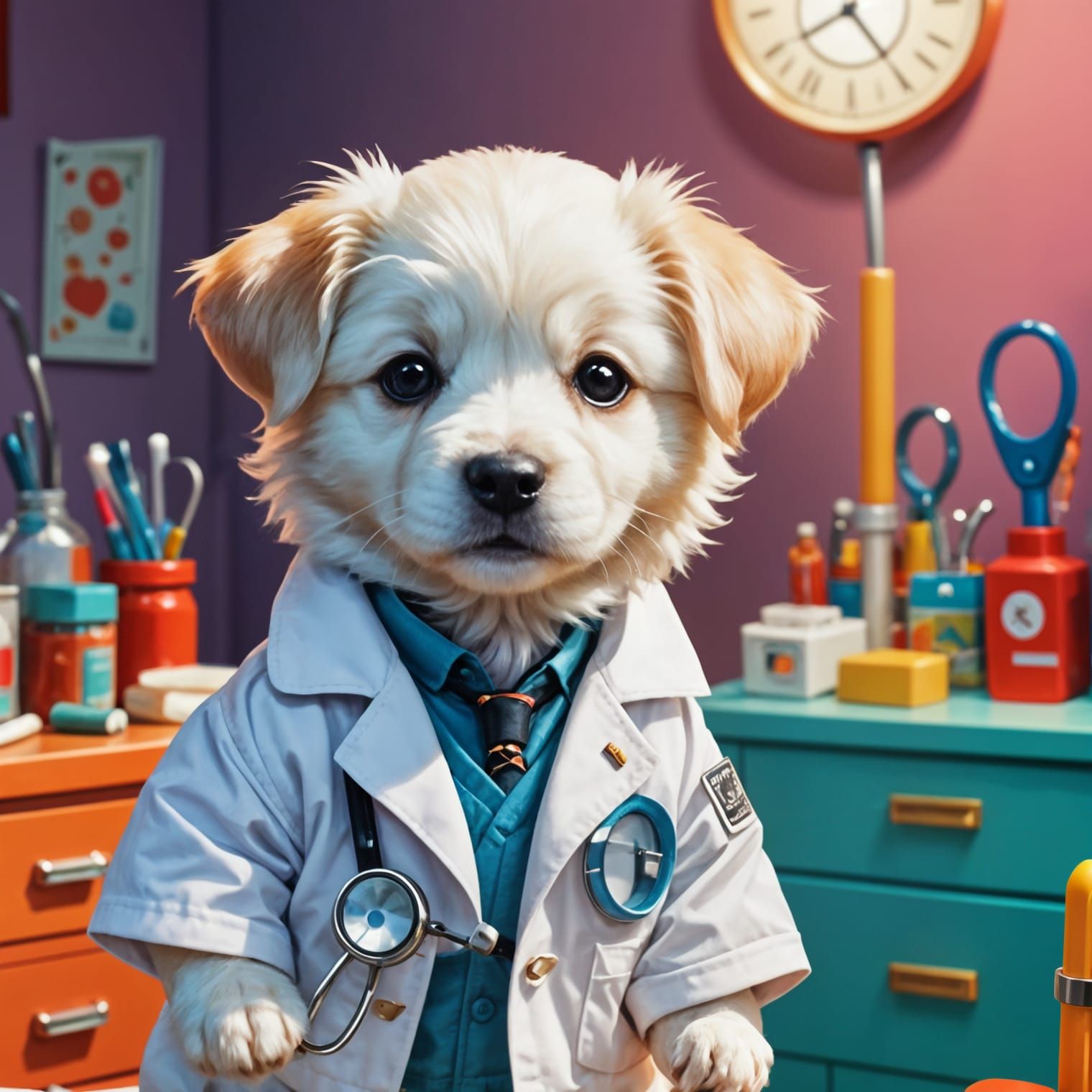 Surreal White Puppy Examines Patient as Veterinarian