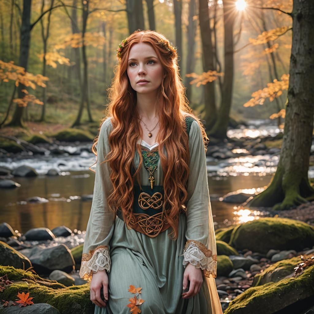 Celtic Woman in Maple Forest Sunrise Scene