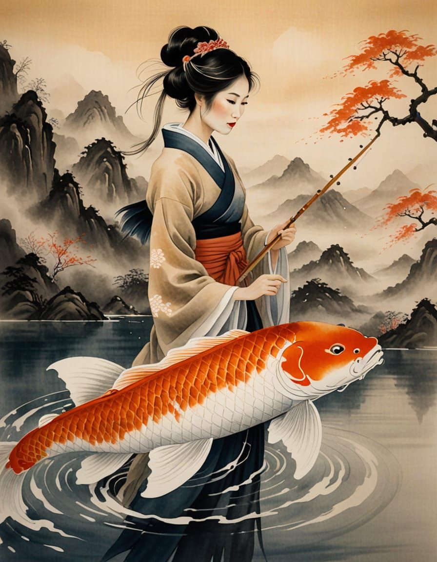 Woman Rides Koi Fish in Sumi Painting