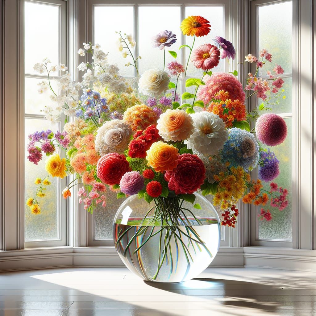 Ultra-Realistic Acrylic Oil Vase of Flowers in a Peaceful Wi...