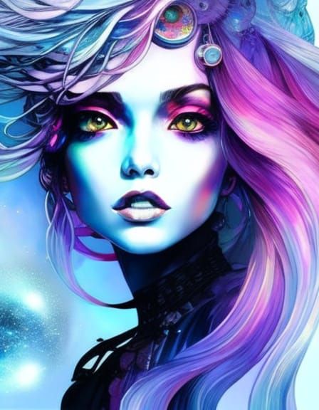 Ethereal Girl Gazing at Galaxy, Anime Poster Style