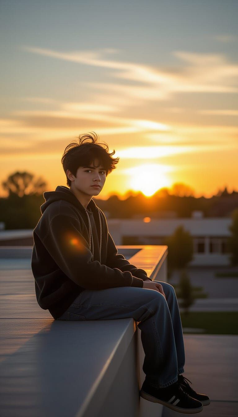 Teenager on School Rooftop at Sunset