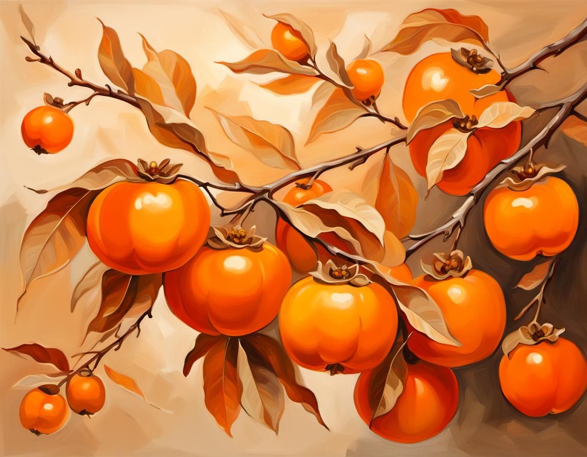 Persimmons on Branches: Dreamy Oil Painting