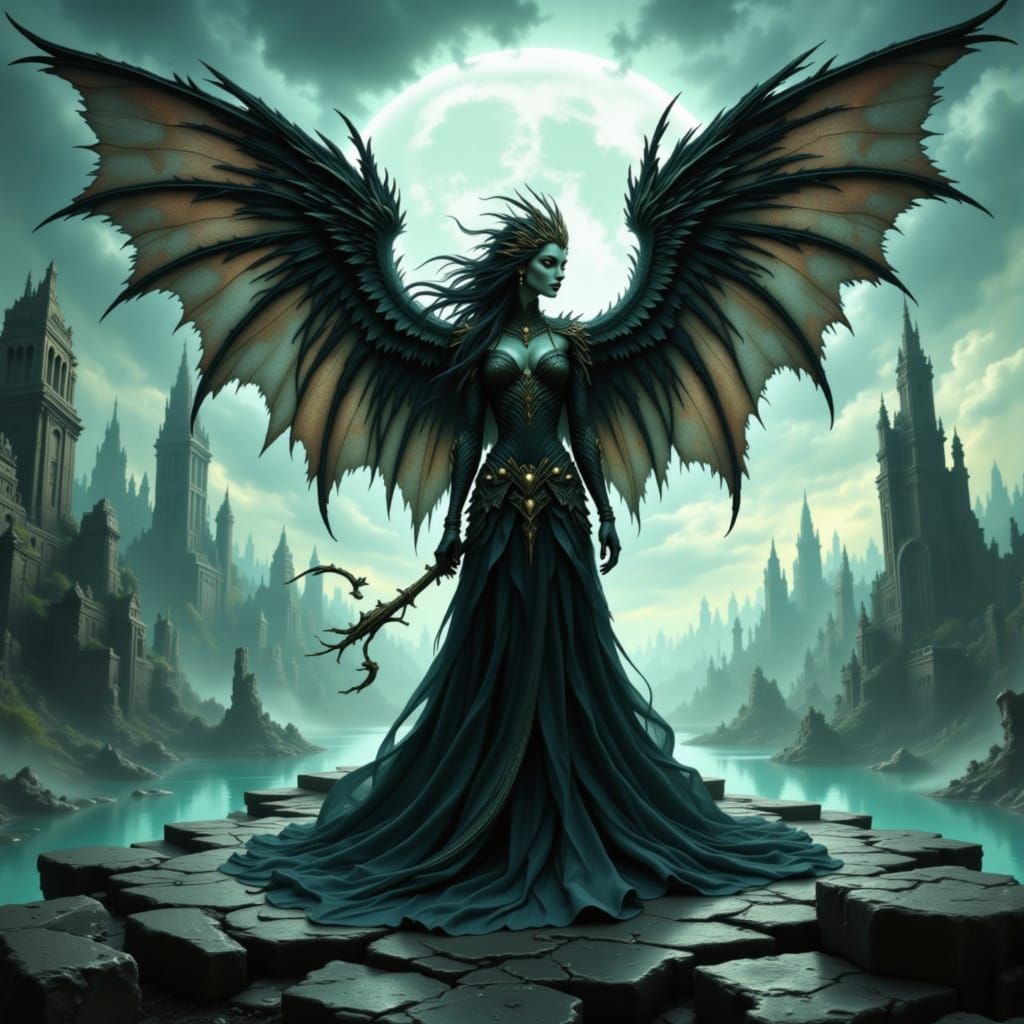 Dragon Queen Surveys Dystopian Art Nouveau Cityscape