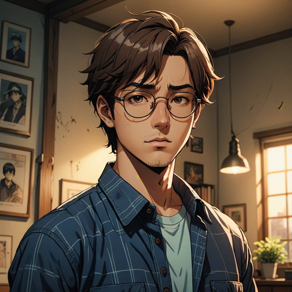 Cubby-Style Anime Portrait of a Boy in a Softly Lit Room