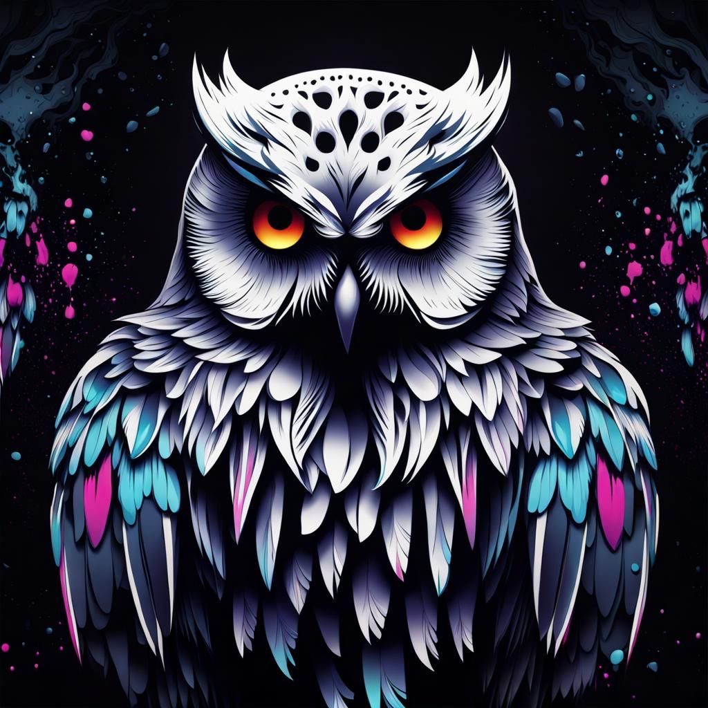 Neon Owl Perched on Dark Skull in 8K