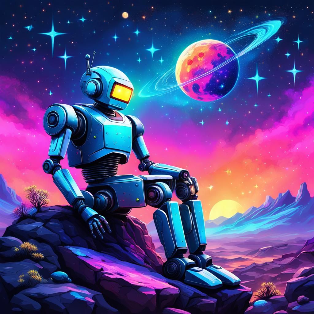 Robot Gazing at Starry Sky in Fluid Art