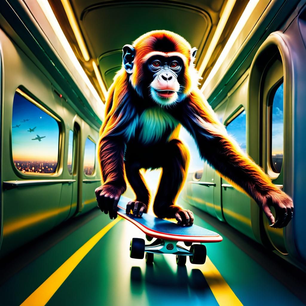 Monkey Skateboarder in Airplane Corridor: Maximalist Double ...