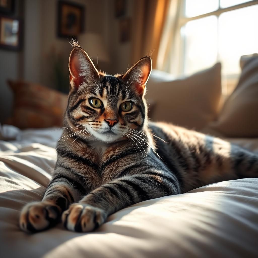 Realistic Tabby Cat Lounging in Sunlight