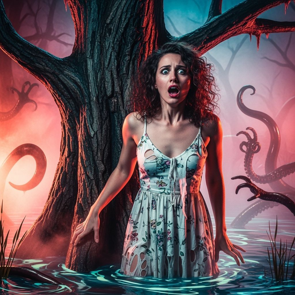 Terrified Woman in Ethereal Swamp with Tentacles