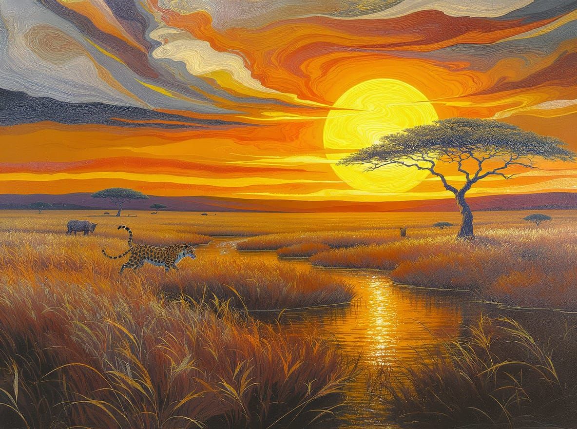 Encaustic Golden Landscape with Cheetah and Wildebeest