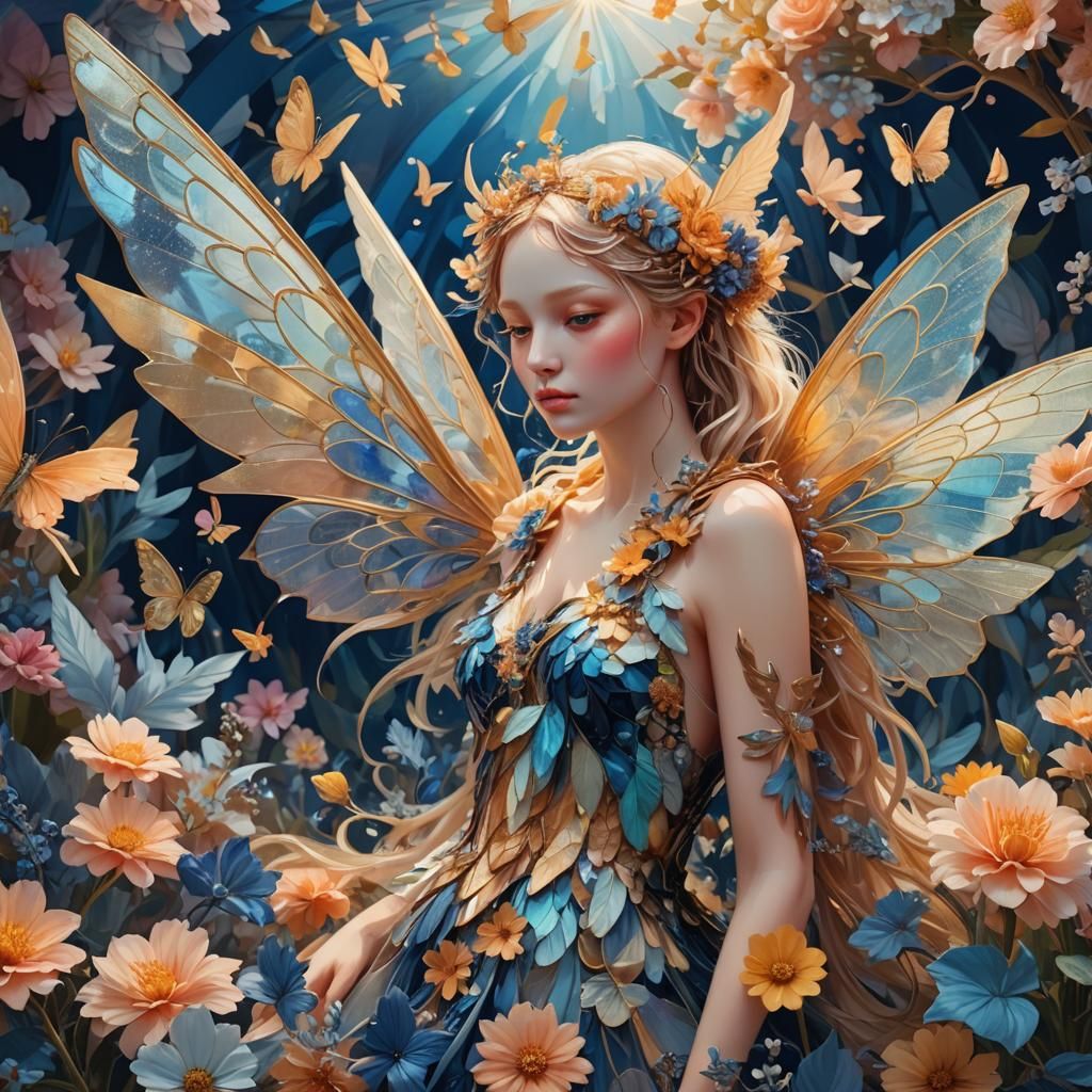 Surreal Fairy with Iridescent Wings in Abstract Expressionis...