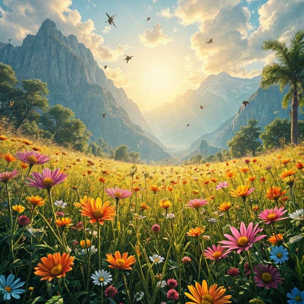 Bees Collecting Pollen in Sunny Mountain Landscape