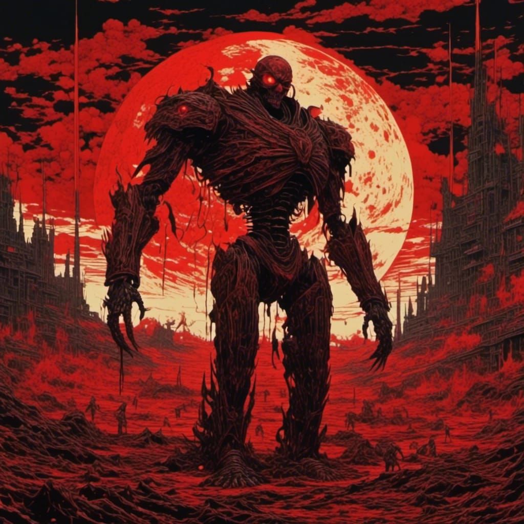 Fleshy Bio-Titan Silhouette Against Red Sun