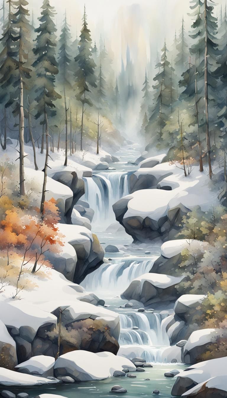 Winter Forest Panorama in Ethereal Watercolor Style