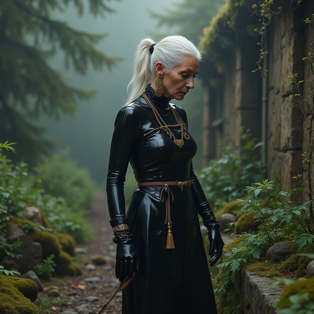 Elegant Elderly Woman in Latex Working in Misty Garden