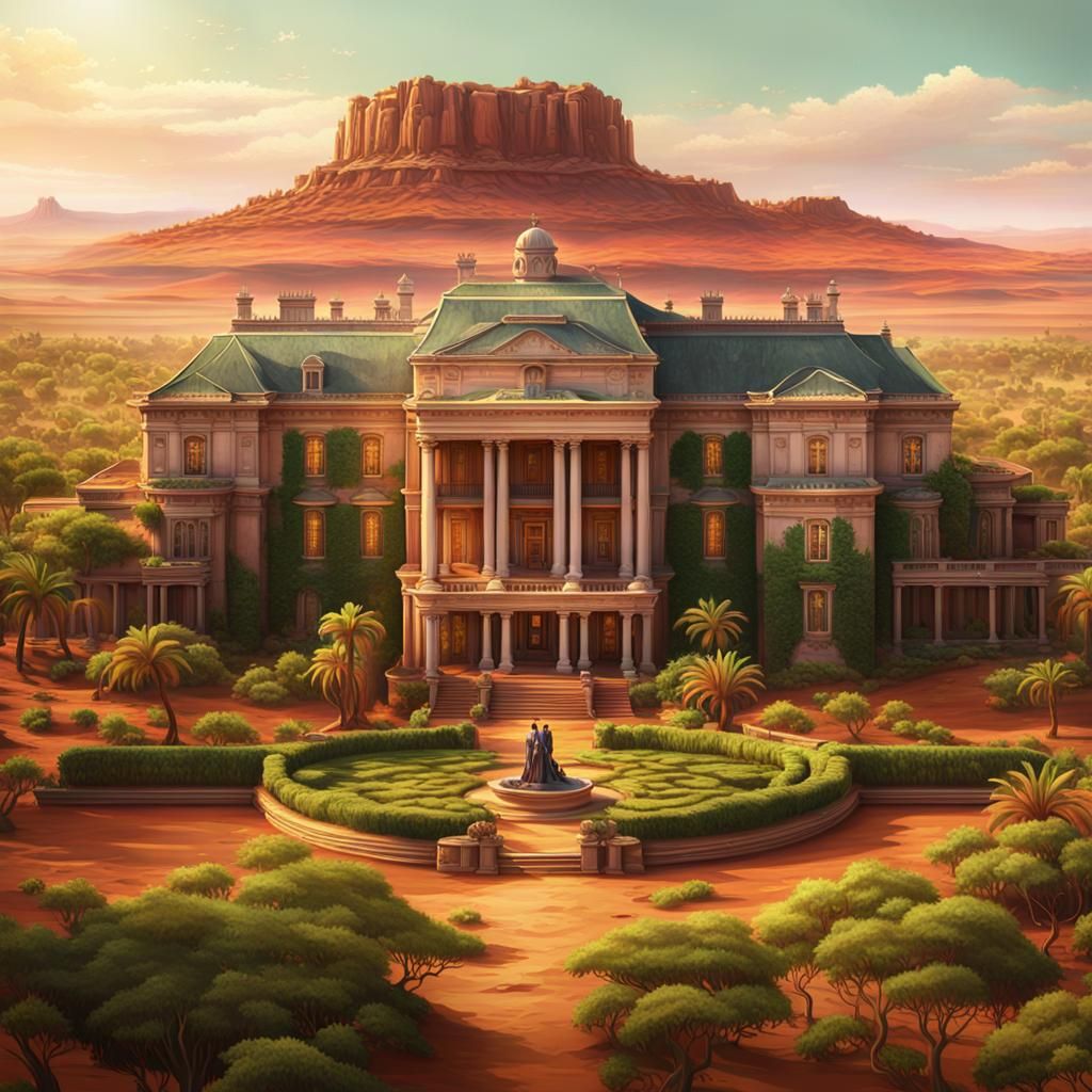 Colonial Mansion Amidst Lush Oasis in the Arid Outback