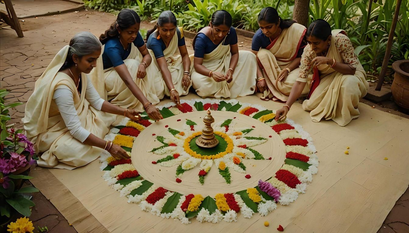 Kerala Women Crafting Athampokkalam: Detailed Matte Painting