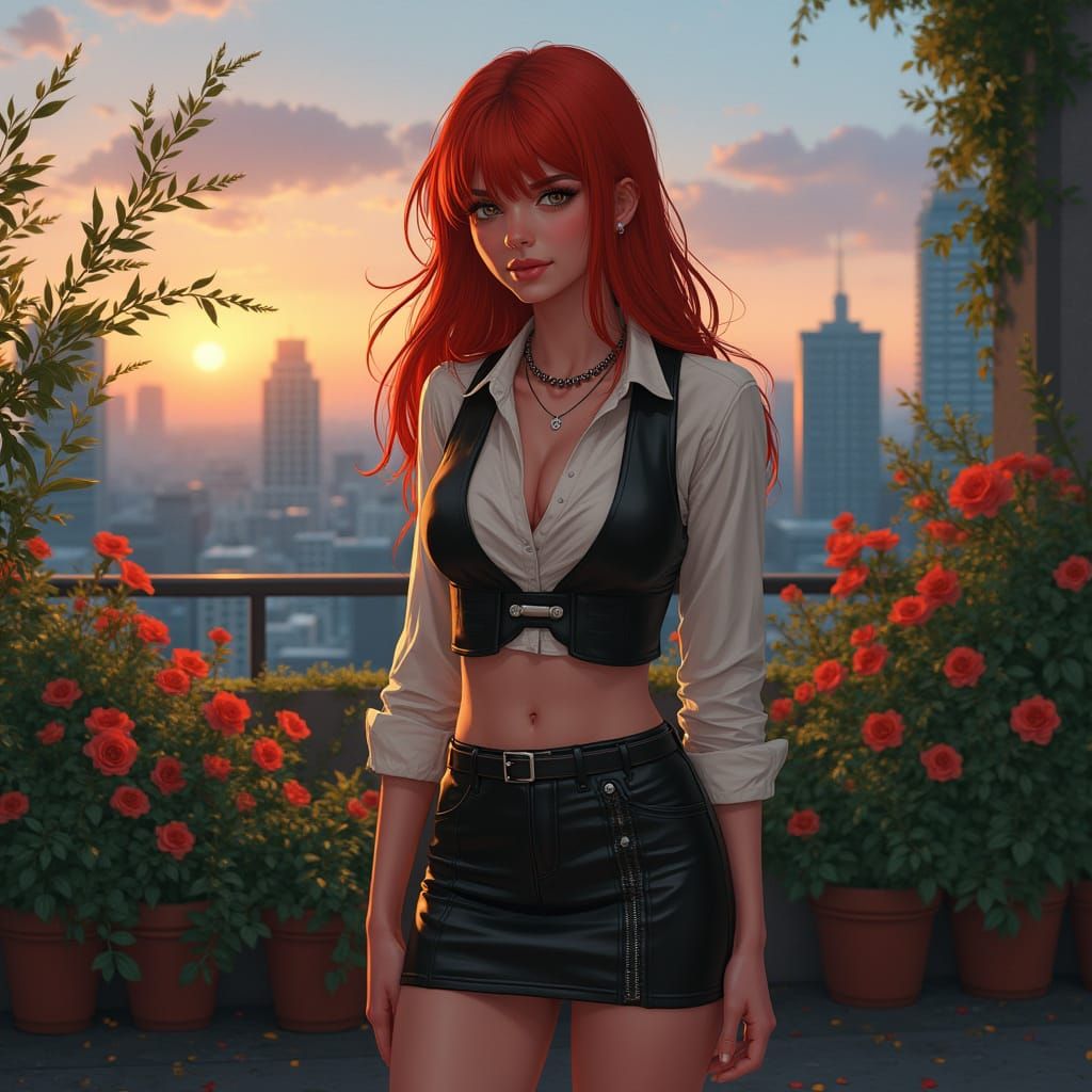Redhead in Rooftop Garden: Hyperrealistic Digital Portrait