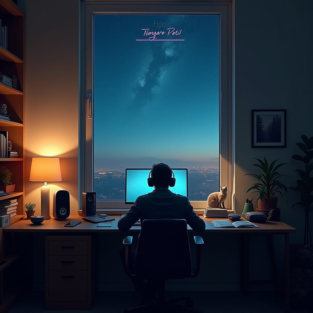 Tech-Infused Study at Dusk: AI Engineer's Serene Workspace