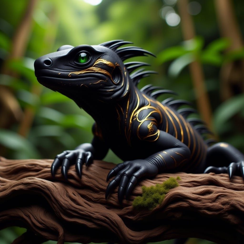 Noir Royale Black Iguana on Fallen Tree in Golden Accents
