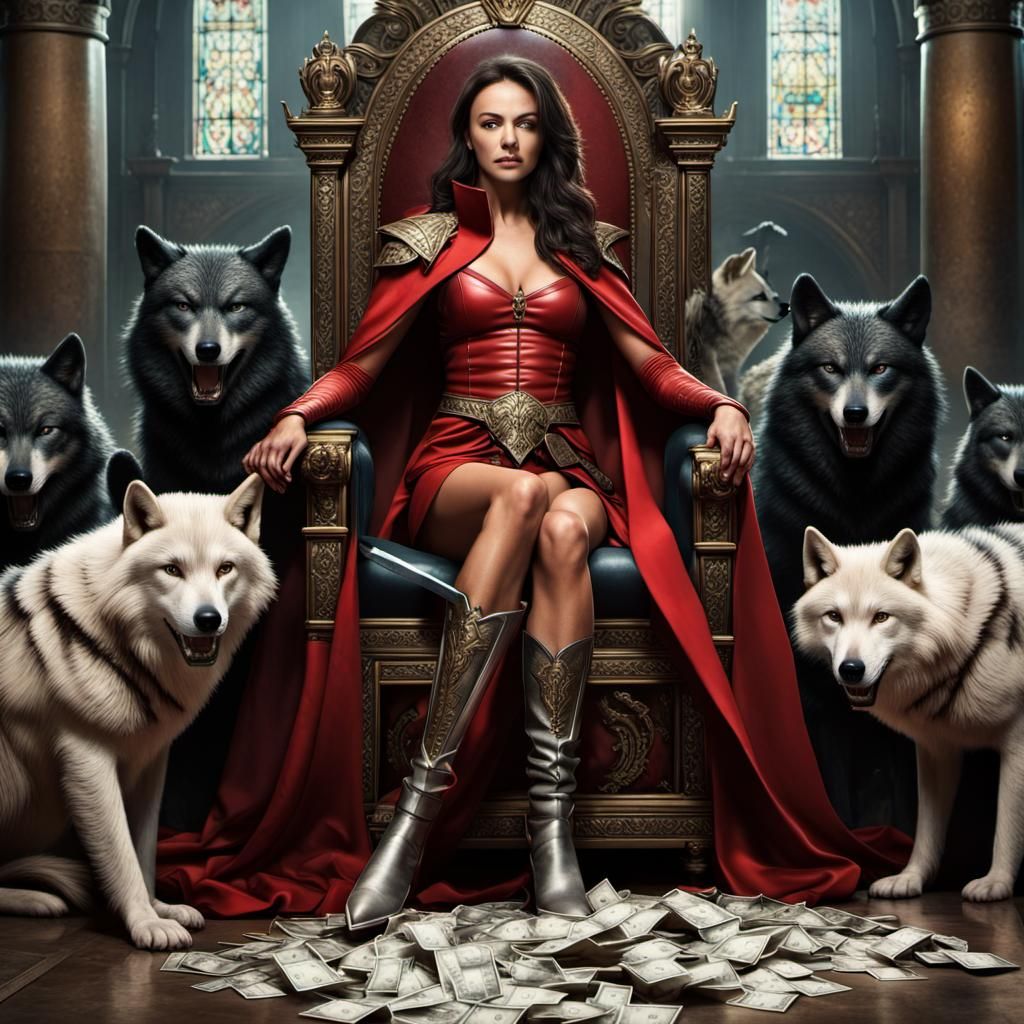 Epic Warrior Queen on Throne with Wolves