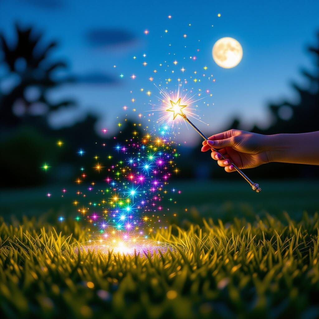 Rainbow Prism Magic Wand on Moonlit Lawn in 4K