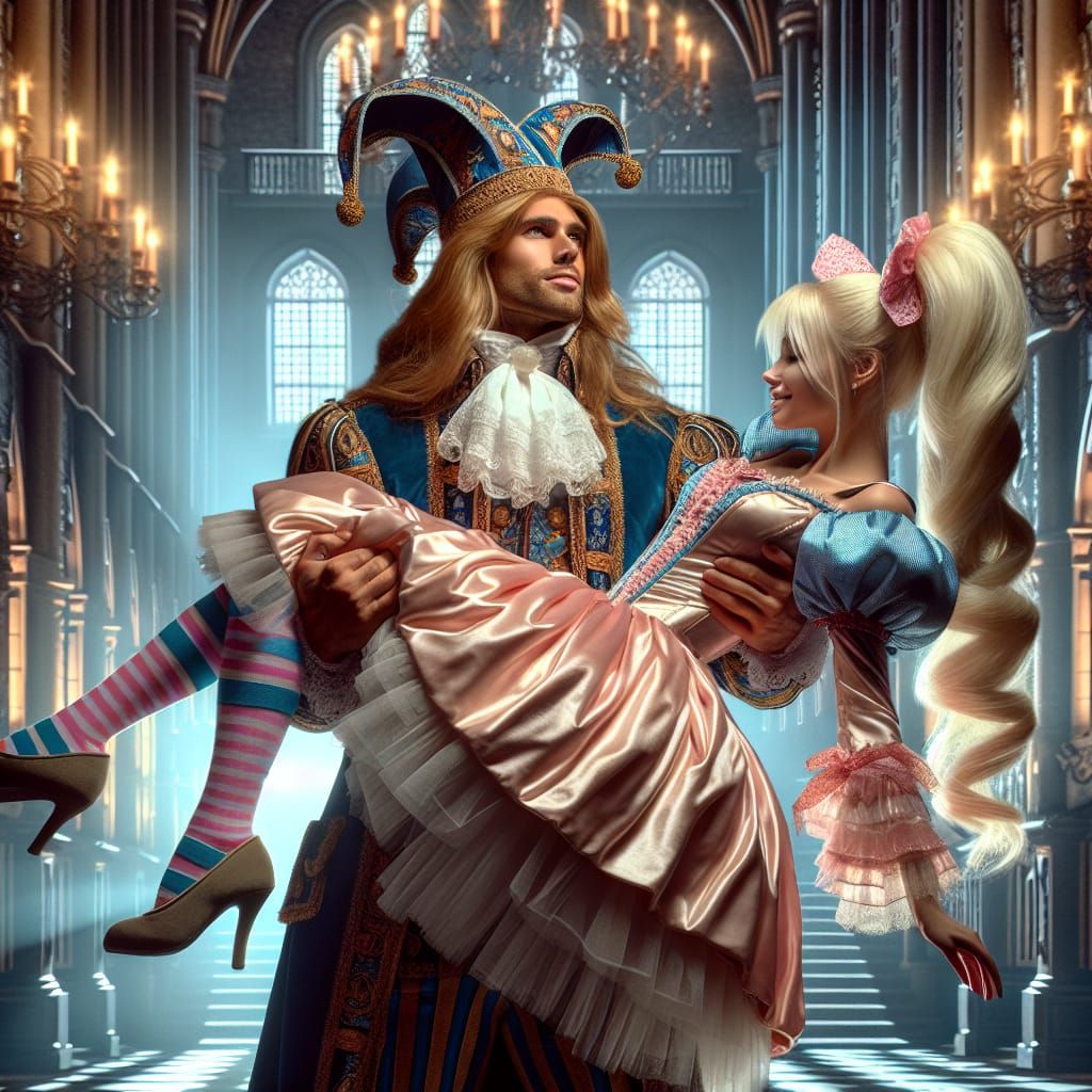 Jester Carries Princess in Front of Castle