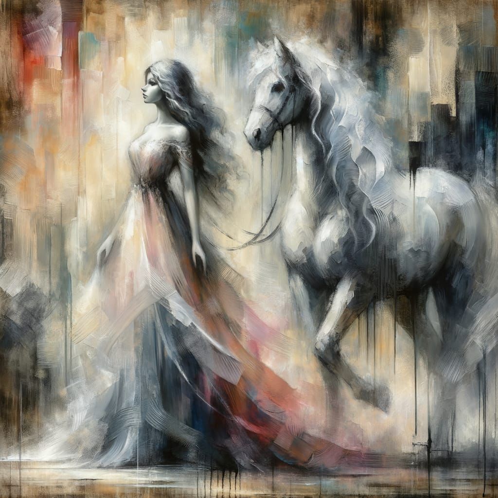Norse Goddess and White Horse in Impressionist Style