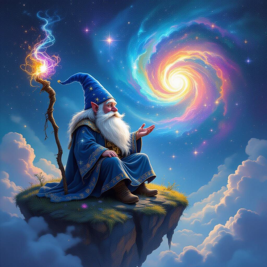 Stardust Gnome Contemplates Nebula on Floating Island