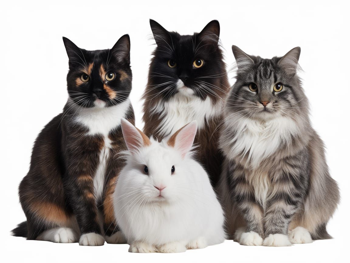 Cats and Rabbit in a Cozy Sitting Pose