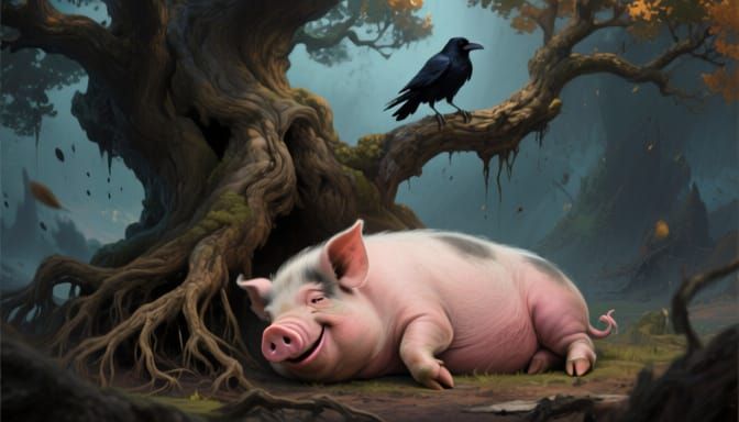 Contented Pig Rests Under Ancient Oak Tree in Fantasy Art
