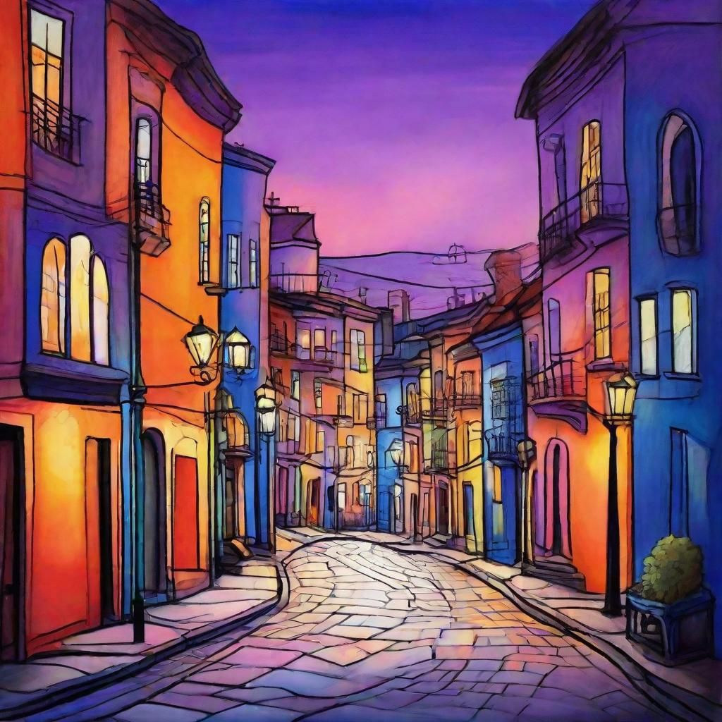 Colorful City Street at Sunset: Hand-Painted Style