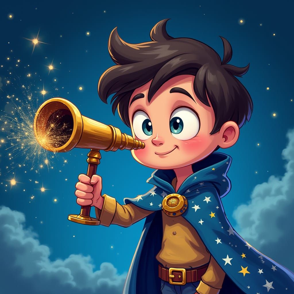 Whimsical Boy Gazing Through a Telescope in a Starry Cape