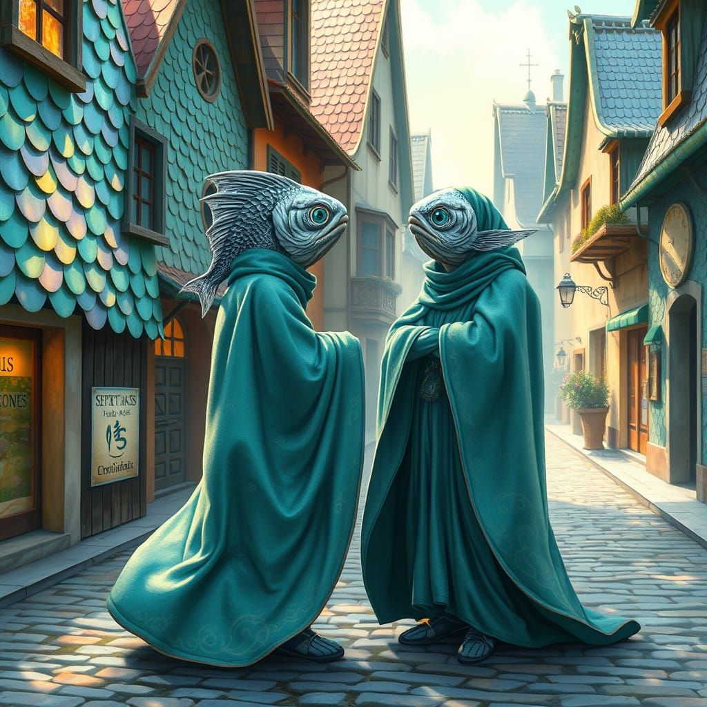 Whimsical Townscape with Aquamarine Figures and Iridescent S...