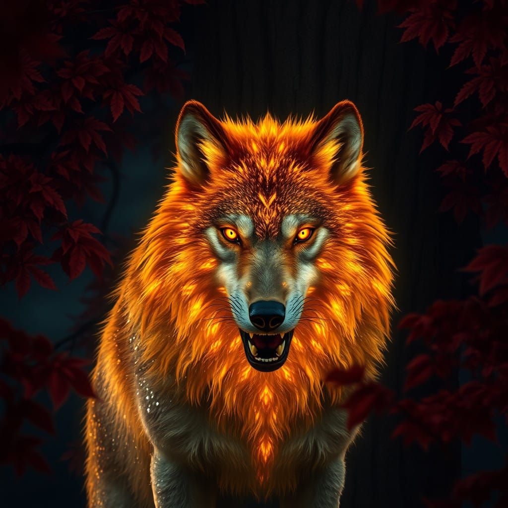 Fiery Wolf Emerges from Crimson Night